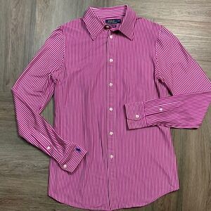 Polo Ralph Lauren Shirt Mens Medium Magenta White Stripe Jersey Knit Long Sleeve